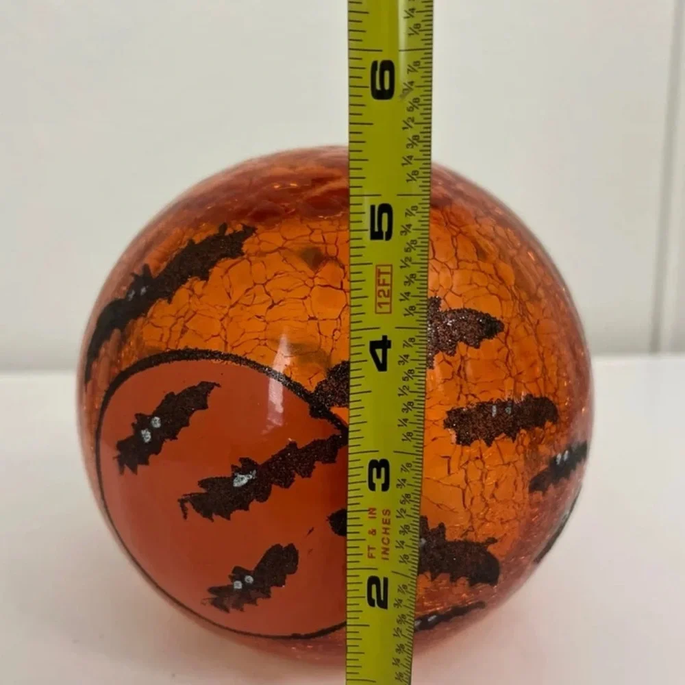Halloween Crackle Glass Light Up Globe 6” Orange Black Bats LED Battery Decor
